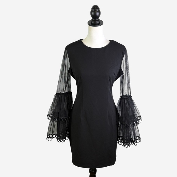 Ina Black Cocktail Party Evening Dress Sheer Bell Sleeve Details Size L - Picture 4 of 15